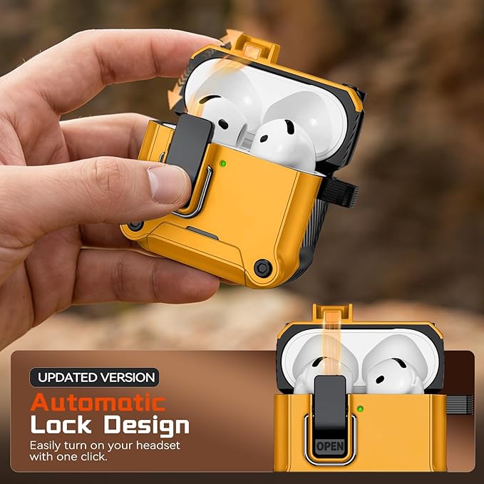 Inesore Compatible with AirPods 4 Generation Case,Secure Lock & Phone Stand Design,Compatible with MagSafe,Automatic Snap Switch Secure Cover for New AirPods 4th (2024)-Yellow