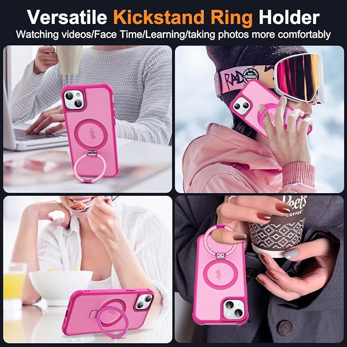 SKYLMW Compatible with iPhone 14 Plus Case with Invisible Magnetic O-Ring Stand Military-Grade Translucent Case for iPhone 14 Plus 6.7" [Compatible with Mag-Safe][Great Grip Feeling], Rose