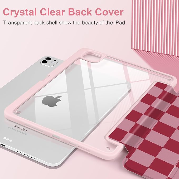 TWOLSKOO Case for iPad Pro 11-inch (M5 2025 / M4 2024), Clear Acrylic Back with TPU Bumper, Pencil Holder, Trifold Stand, Auto Sleep/Wake, Pink Checkerboard