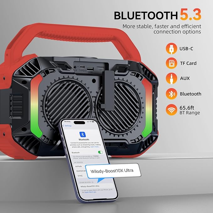 Wilody Speakers Bluetooth Wireless, 100W Loud Outdoor Speaker with Bass, IPX7 Waterproof Floatable, 20H Playtime, RGB Light, Portable Speaker with TWS for Work, Outdoor, Garage, Camping (Crimson)