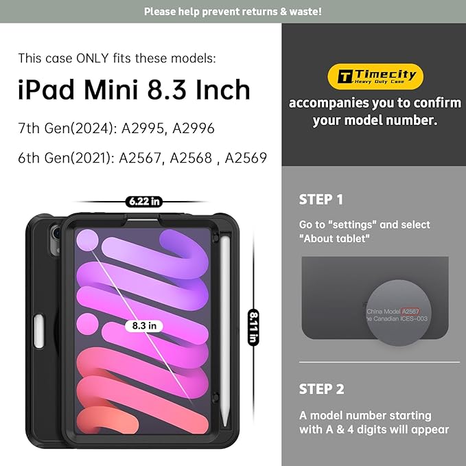 Timecity Case for iPad mini 7 (A17 Pro) 2024/ Mini 6 8.3'' - Heavy Duty Protective Cover with Screen Protector, Rotating Stand, Shoulder Strap & Pencil Holder, Case for iPad mini 7th/6th Gen Black