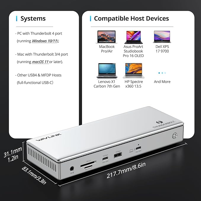 WAVLINK Thunderbolt 4 Dock with 100W Charging, Thunderbolt Certified, Driverless Laptop Docking Station with 4K HDMI Dual Monitor or Single 8K for Windows or Mac, 4X USB, 2.5G Ethernet,SD/MicroSD