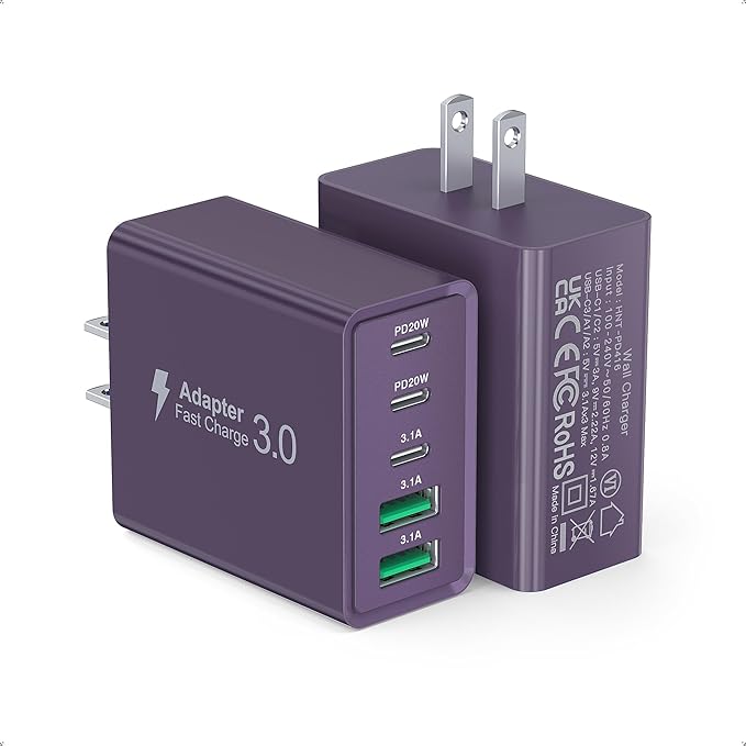 [2Pack] 50W USB C Plug,5-Port Fast Charger Block PD+QC Cube Wall Charging Box Brick for iPhone 17/16/15/14/13 for Samsung Galaxy S25/S24/S23/S22/S21+/S21 Ultra, Magsafe Wireless Charger,(Purple)