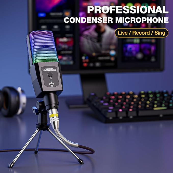 Multifunction Condenser Microphone, RGB Light Gaming Mic, 3.5mm XLR, Plug and Play for PC/Laptop/Audio Interface Mixer/Sound Card, Cardioid Studio Condenser Recording Mic for Podcast Streaming Singing
