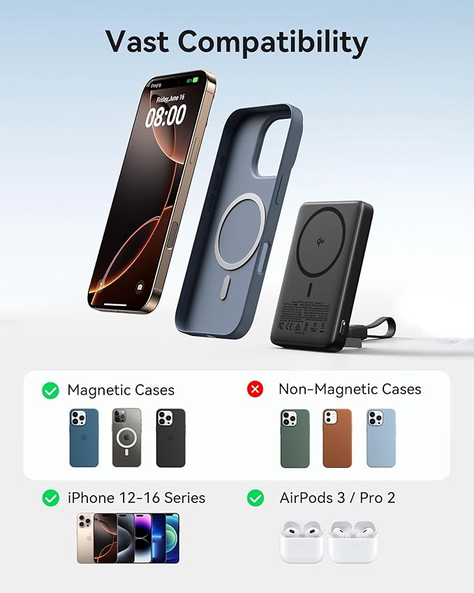 INIU Magnetic Power Bank, 15W Wireless Charging, Fast Charging with Attached USB-C Cable, Battery Pack with Stand