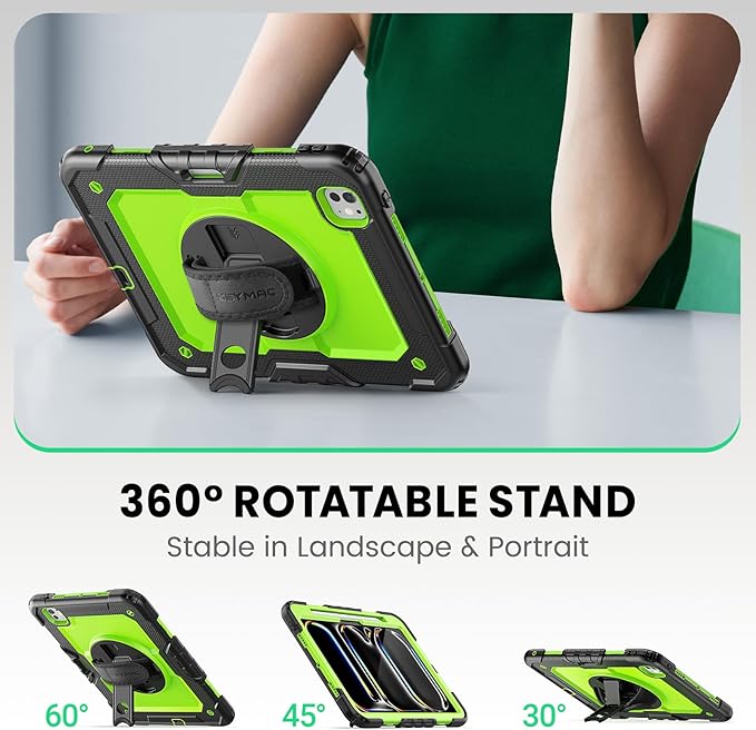 SEYMAC for iPad Pro 11 Inch Case M5 2025 / M4 2024, Heavy Duty Shockproof Protective Case with Screen Protector, 360° Rotating Stand, Hand/Shoulder Strap and Pen Holder, Green