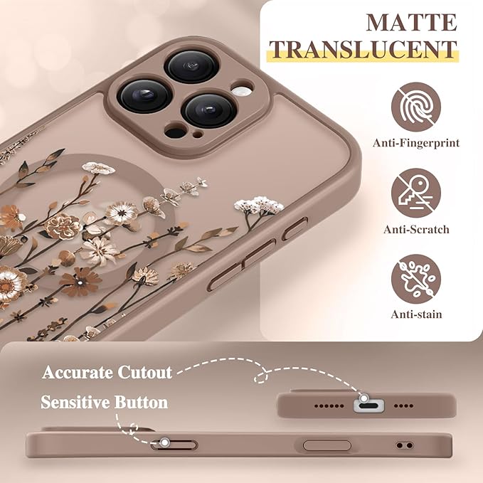 GVIEWIN for iPhone 16 Pro Case Compatible with MagSafe, [Military Grade Protection] [Screen Protector] Full Camera Protection Floral Translucent Women Magnetic Phone Case, Floratopia/Brown
