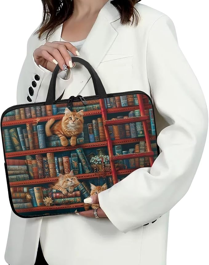 Vintage Bookshelf Laptop Sleeve Case Computer Cover Compatible with 10-17 Inch Tablet Cute Cat Protective Carrying Bag Briefcase Carrying Case, 17 Inch, Book Lover