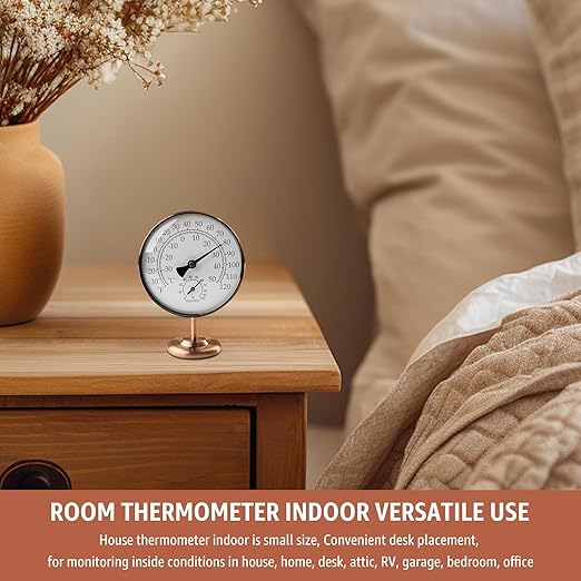 4-Inch Indoor Thermometer and Humidity Gauge, Room Analog Temperature and Humidity Monitor, Dual Scale Display, Brass Dial with Stand, Battery-Free for House, Home, Desk, Bedroom, Garage, RV