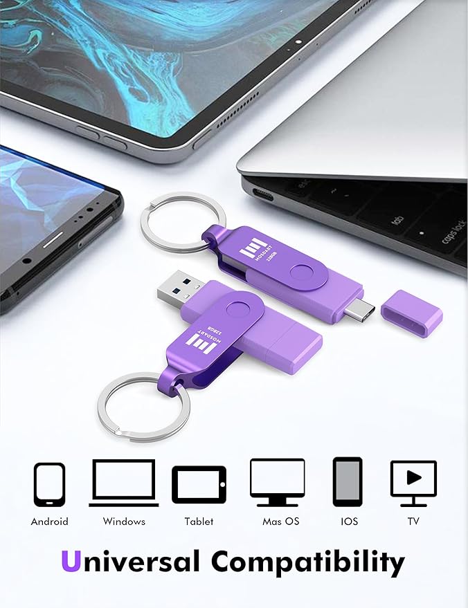 MOSDART 128GB Dual USB C 3.2 Flash Drive, Up to 150MB/S Type C Thumb Drive with Keychain and LED Light, exFAT Memory Stick for iPhone 15,16 and 17, iPad, Android Phone, MacBook, Laptop, Purple