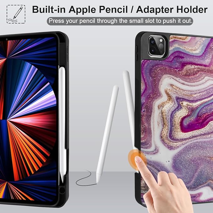 DONGKE Case for 2022/2021/2020/2018 iPad Pro 11 inch Gen 4/3/2/1 - Slim Protective Case - Built in Pencil Holder Support Charging - Trifold Stand & Sleep/Wake Cover- Pink Marble