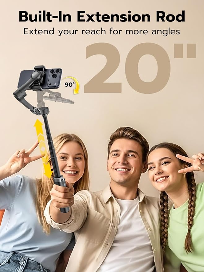 AOCHUAN 3-Axis Gimbal Stabilizer for iPhone w/360° Face Tracking, Smartphone Gimbal w/One-Tap Open Tripod, Gesture Control, Phone Stabilizer w/Magnetic Remote Control & 20" Extension Rod,Smart X3