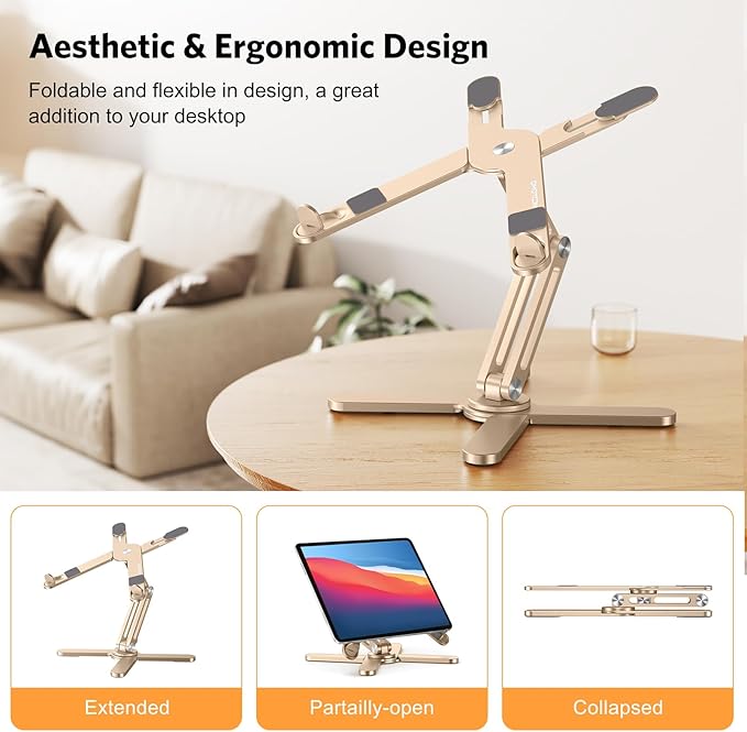 OMOTON 360° Rotating Laptop Stand Riser for Desk, Ergonomic Foldable Computer Stand Adjustable Height Angles for Collaborative Work, Easy Storage Fit Macbooks,All Laptops up to 16 inches, Gold