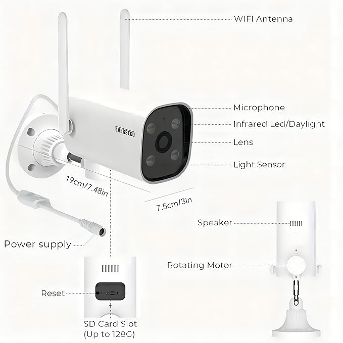 EVERSECU 2K WiFi PTZ Bullet Camera, Outdoor/Indoor, Pan/tilt, 2-Way Audio, Night Vision, Motion Detection Auto Tracking, Waterproof, Remote Access, RTSP Stream, Compatible with Alexa(4pack)