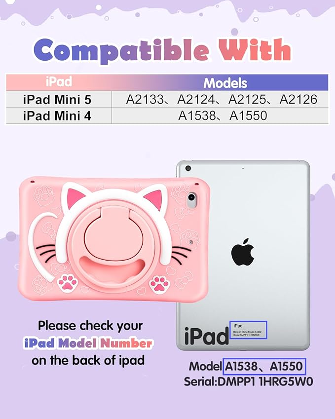 Wazzasoft for iPad mini 4/5 Case 7.9 Inch Girls Cute Cat Kawaii Cover Girly 3D Cartoon Women Kitten with Rotating Handle Stand & Strap Soft Silicone Funda for Apple iPad mini 5th/4th Gen Cases