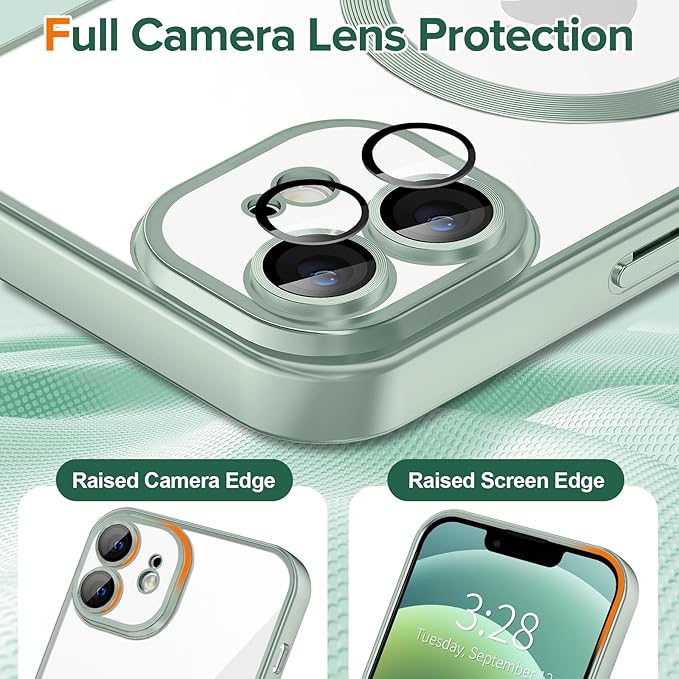 Hython Magnetic Clear for iPhone 12 Case with Camera Lens Protector [Compatible with MagSafe] Luxury Plating Edge Slim Soft TPU Cover Protective Phone Case for iPhone 12 6.1", Matte Mint