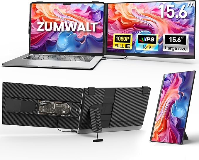 ZUMWALT 15.6" Laptop Screen Extender, 1080P FHD Detachable Laptop Monitor Extender, Dual Monitor for 13-17" Laotop, Plug and Play Portable Monitor Compatible with Mac/Windows/Android/Chrome/PS5