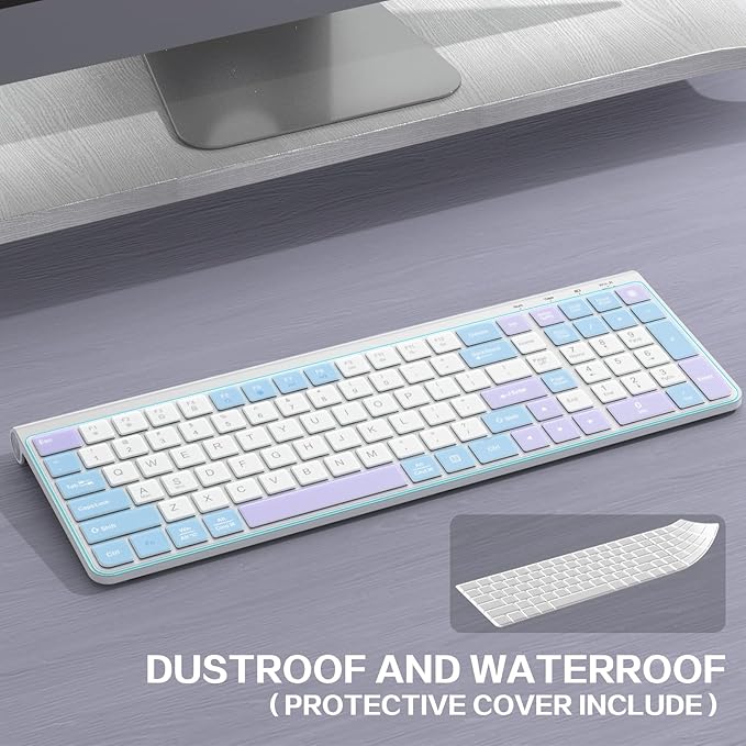 GAMCATZ Colorful Wireless Keyboard with Low-Profile Keys-Soft Touch,Cute,Quiet Design,Windows & Mac OS，Office Cordless Slient Computer Keyboard for Desktop,Laptop, PC, Mac, Windows-Purple Blue White