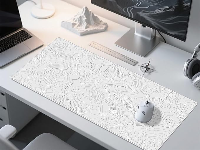 Rinaze Extra Large Gaming Mouse Pad with White Topographic, XXL Mousepad, Big Mouse Mat Desk Pad, Non Slip Keyboard Pad for Gaming Computer Laptop PC Office Desk Accessories