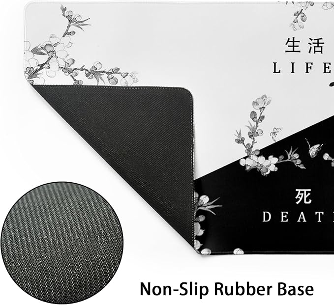 Black and White Cherry Blossom Gaming Mouse Pad XL，Large Mouse Pad Japanese Sakura Death Life Mouse Mat Desk Pad, Extended Stitched Non-Slip Rubber Edges Mousepad 31.5 X 11.8 Inch