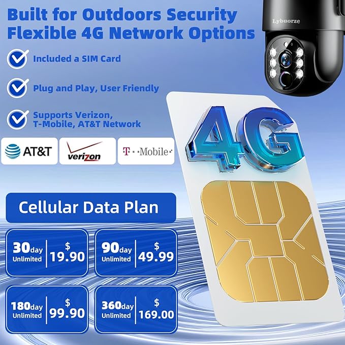 4G LTE Cellular Solar Security Camera Outdoor, No WiFi Needed, 4MP HD Color Night Vision, 360° Pan-Tilt, Built-in SIM Card, AI Motion Detection, 2-Way Talk for Jobsite/Farm