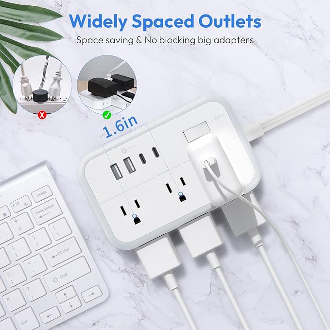 Flat Plug Extension Cord 25 ft, Power Strip, Outlet Extender with 6 Outlets 4 USB Ports, Overload Protection, Long Extension Cord with Multiple Outlets for Indoor, Home, Office, White