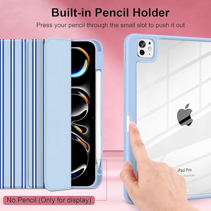 Case for iPad Pro 11 Inch (M5 2025 M4 2024) – [Built-in Pencil Holder], Shockproof & Stylish, Clear Hard Back + Soft TPU Edge, Magnetic Trifold Stand, Auto Wake/Sleep, Blue Stripes