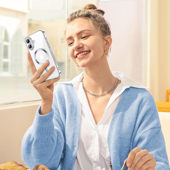 Hython Magnetic Clear for iPhone 16 Case with Camera Lens Protector [Compatible with MagSafe] Luxury Plating Edge Slim Soft TPU Cover Protective Phone Case for iPhone 16 6.1", Silver