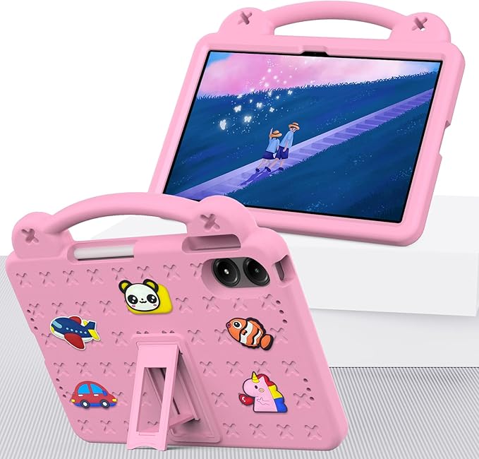 AKABEILA Compatible with Xiaomi Redmi Pad Pro 12.1 2024 Tablet Case, Kids Friendly Universal Lightweight Shockproof Protective Case with Shoulder Strap & Stand Handle & Pen Tray Pink