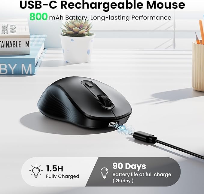 TECKNET Rechargeable Bluetooth Mouse, [ USB + BT5.0 + BT3.0 ] Wireless Mouse, Ergonomic Design, Silent Click, 6-Level 4800 DPI Wireless Mice, 3-Device Switching for Laptop, Computer, MacBook（Black）