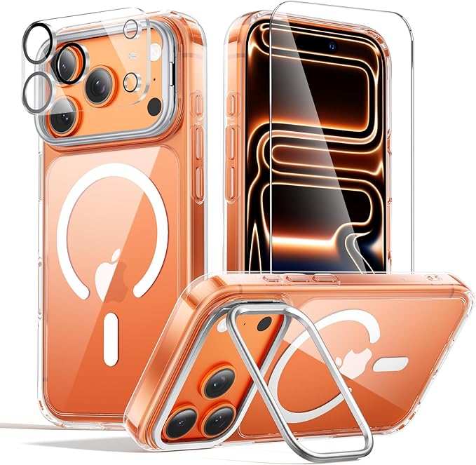 3in1 for Camera Stand for iPhone 17 Pro Max Case with 1X Screen Protector +1X Camera Cover,Fit for MagSafe, Anti-Yellowing & Scratch-Resistant Back Phone Case for iPhone 17 Pro Max 6.9", Clear
