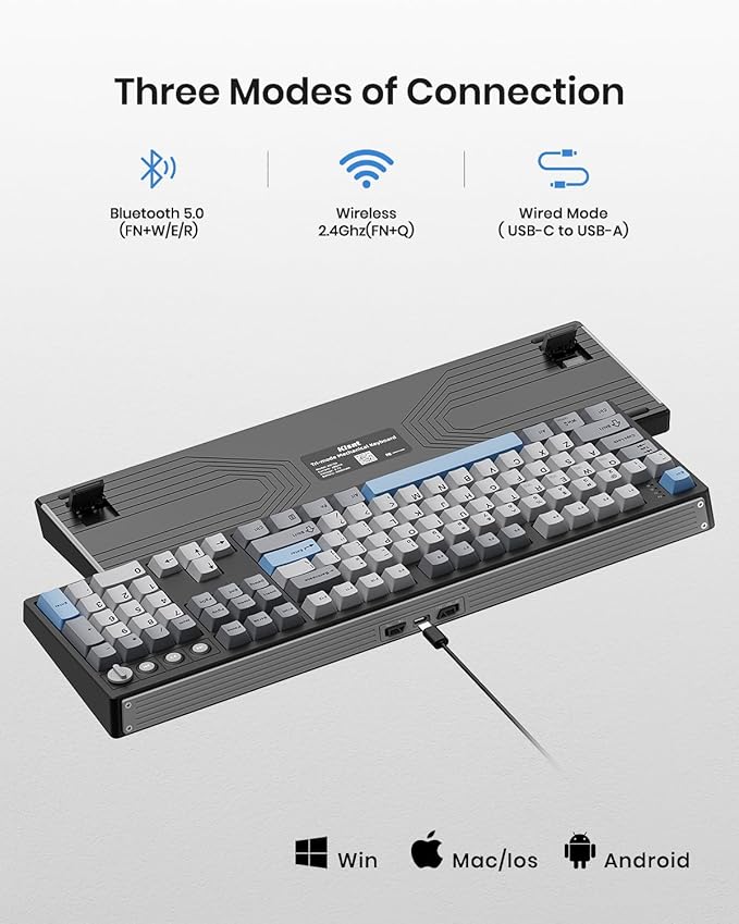 Kisnt KN104 Wireless Mechanical Gaming Keyboard, 100% Full Size 104 Keys with Number Pad, Custom RGB Backlit, Creamy Sound, Hot Swappable, Bluetooth/2.4GHz/USB-C for Win/Mac/PC (Carbon Black)