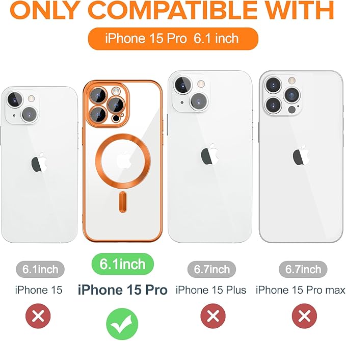 Hython Magnetic Clear for iPhone 15 Pro Case with Camera Lens Protector [Compatible with MagSafe] Luxury Plating Edge Slim Soft TPU Cover Protective Phone Case for iPhone 15 Pro 6.1", Matte Orange