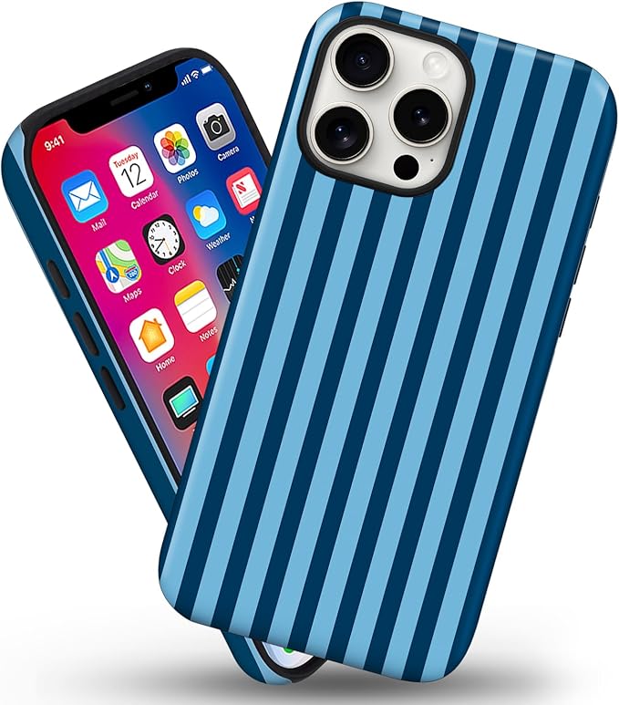 Magnetic for iPhone 14 Plus Case Cute Stripes Phone Case, Shockproof Slim TPU and Hard PC Protective Phone Cover Compatible with MagSafe Designed for Women Girls, Lake Blue