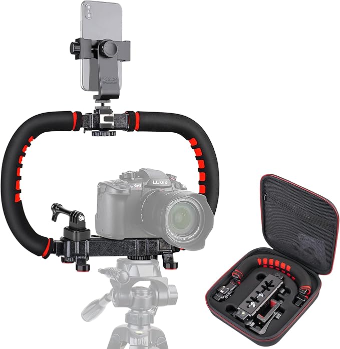 Zeadio Portable Camera Handheld Stabilizer, Versatile Handle Grip Smartphone Handheld Video Rig with Carrying Case, Compatible with All Camera Camcorder Action Camera DSLR and All Smartphones