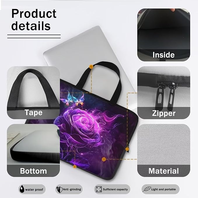 Purple Rose Butterfly Laptop Sleeve 10 Inch, Laptop Tote Bag for Women Girls, Waterproof Computer Tablet Handbag Case with Handle, Carrying Case Laptop Cover for Travel/Business/School