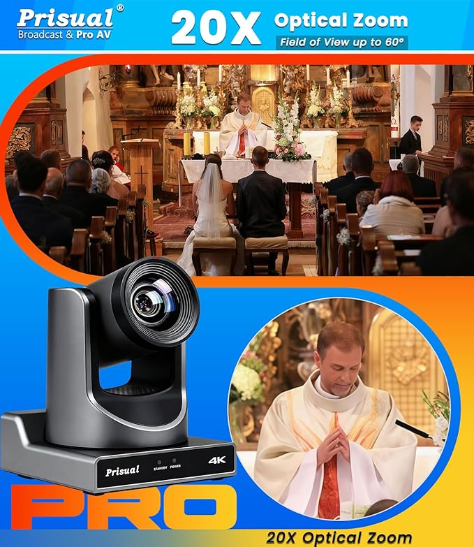 Prisual Ultra 4K PRO NDI PTZ Camera Gen 5, SDI HDMI USB IP with 20x Optical Zoom 1/1.8" UHD CMOS 8.42MP, 4K 60fps AI Auto-Tracking PTZ Camera with Tally Light (Official NDI Certified) TEM-4K20N PRO