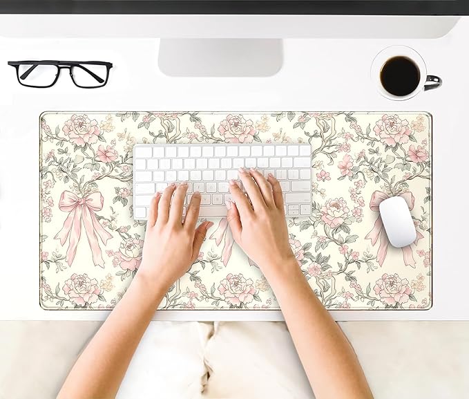 Floral Desk Mat Vintage Chinoiserie Large Mouse Pad Coquette Aesthetic Office Decor Flower Pink Bow Gaming Pad Cottagecore Desk Decor