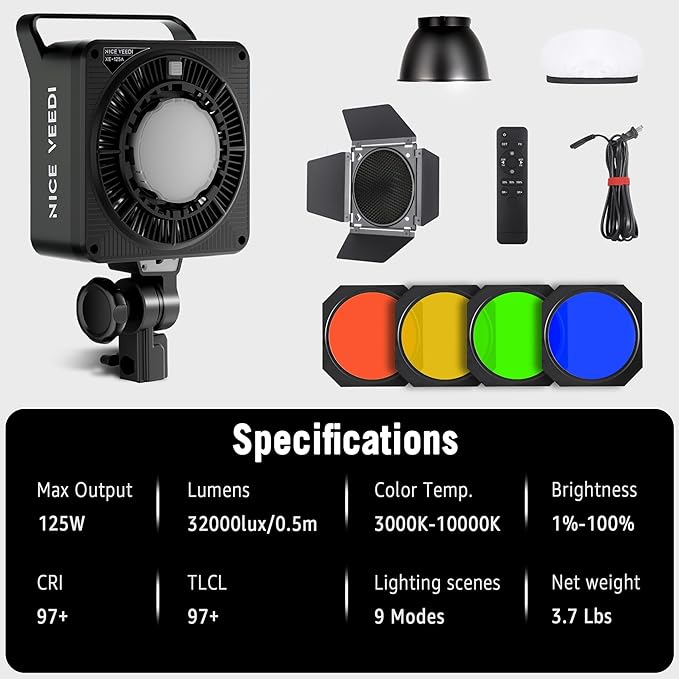 NiceVeedi 125W RGB Professional Cob Video Light with Bowens Mount, 3000K-10000K Studio Light with IR Remote Control, CRI 97+, 9 Effects Continuous Lighting for Video Recording/Photography/Filmmaking