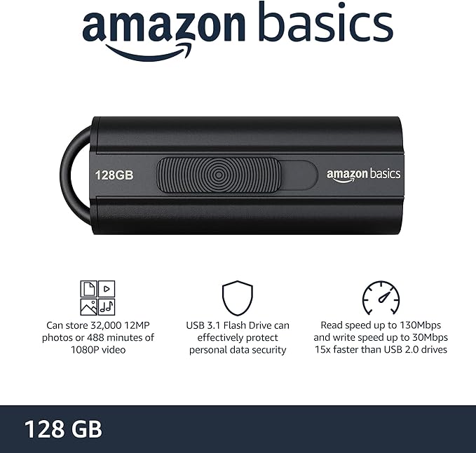 Amazon Basics 128 GB Ultra Fast USB 3.1 Flash Drive, Retractable, High-Speed Data Transfer Storage Device, Black