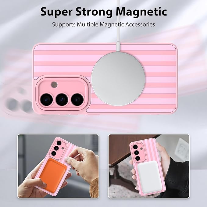KANGHAR Compatible with Samsung Galaxy S26 Case, Support for MagSafe, Silicone Stripes Cute Pattern, Wristband Kickstand Camera Protection Soft Slim Cover for Girls Women -Pink