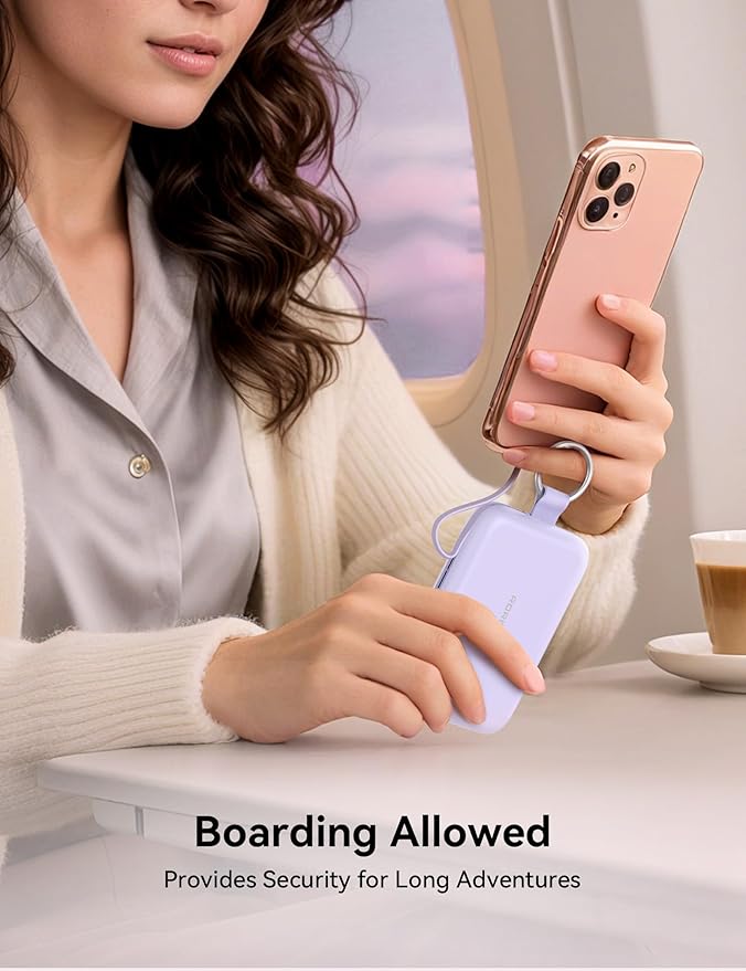 RORRY CharmGo Portable Charger, 10000mAh PD 30W Fast Charging Portable Charger Power Bank with Built-in Cables, Travel Keychain Charger Battery Pack for iPhone 17/16/15, for AirPods 2/3/4/Pro, Purple