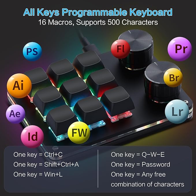 Koolertron Macro Programmable Keypad, One Handed Programmable Mechanical Keyboard, RGB Blue Switch Hot Swappable, 9 Keys 2 Knob Backlit Keypad for Working and Gaming, Black