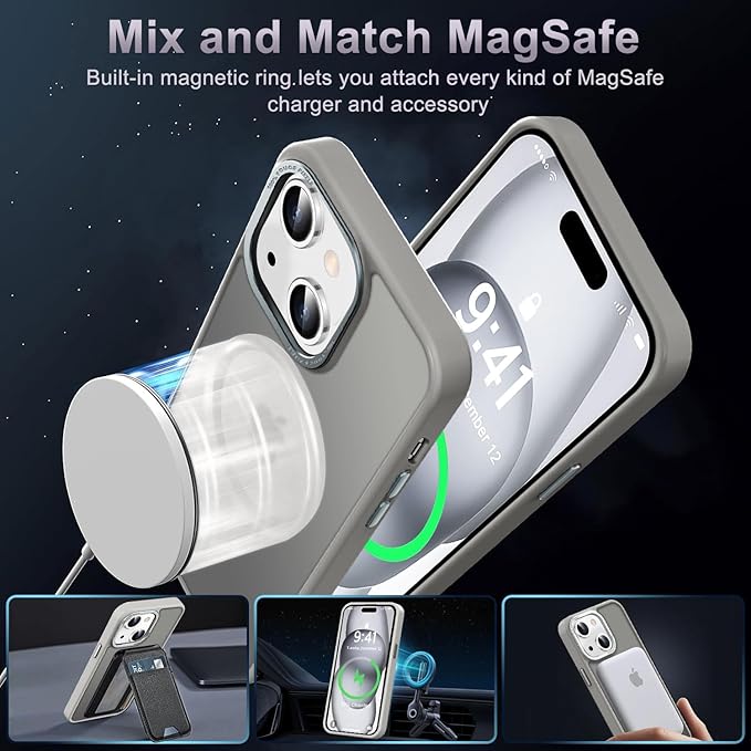 Newfuture Magnetic for iPhone 15 Case [Compatible with Magsafe] [Military Grade Drop Protection] Translucent Matte Anti-Fingerprint Shockproof Phone Case for iPhone 15 6.1 inch, Titanium Gray