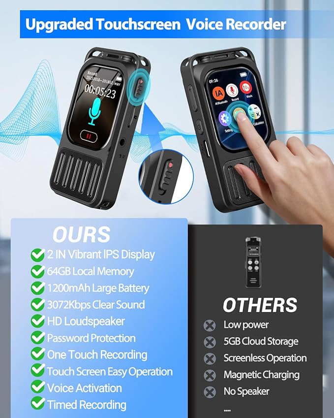 Voice Recorder with Playback, Vormooi 64GB 100Hrs HD Recording Device with 2" Touchscreen, Noise Reduction, Password, MP3 for Meetings Interviews Lectures