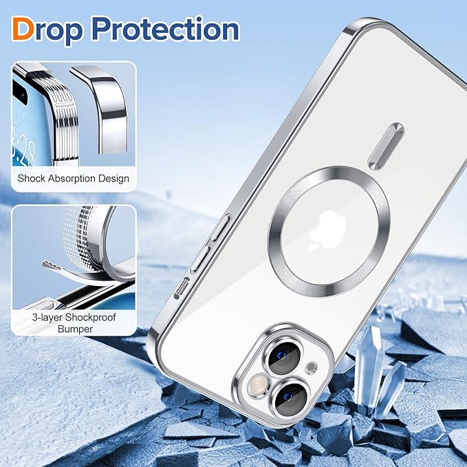 Hython Magnetic Clear for iPhone 15 Case with Camera Lens Protector [Compatible with MagSafe] Luxury Plating Edge Slim Soft TPU Cover Protective Phone Case for iPhone 15 6.1", Silver