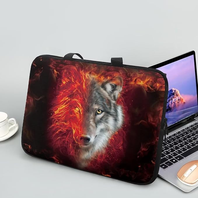 Flaming Wolf Laptop Case 13 Inch Sleeve, Protective Computer Covers with Accessory Pocket, Wildlife Animal Compatible Sleeve Bag for Most 10-17 Inch Notebooks, Black & Red