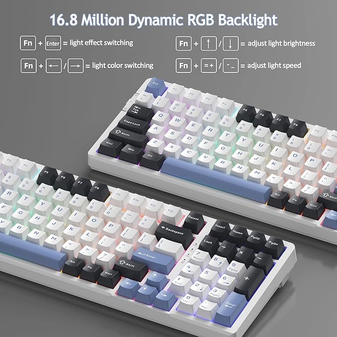 MageGee LIGHT100 Wireless Creamy Keyboard, Gasket Structure Hot Swappable, Tri-Mode 2.4G/USB-C/BT5.0 RGB Backlit Mechanical Gaming Keyboard for Win/Mac/PC, PBT Keycap, 4000mAh Battery, Blue
