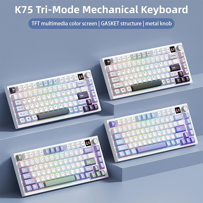 FKZ K75 Mechanical Keyboard with Knob Screen,75% Hot Swap Tri-Mode Bluetooth 5.0/2.4G Wireless/Type-C Wired RGB Gaming Keyboard PCB Gasket Mount Custom Creamy Blue&White Keyboard