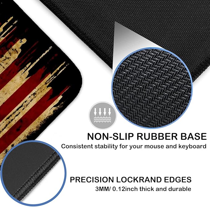Large Gaming Mouse Pad 31.5"x15.7" | Dark American Flag-Themed XXL Keyboard Pad, Mouse Mat, Desk Pad, Non-Slip Rubber Base & Stitched Edges - Extended Mousepad for PC/Laptop/Office/Home Decor